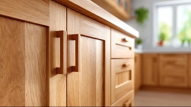 Modern kitchen cabinet handles and drawers in a well-lit room with natural light from the window.