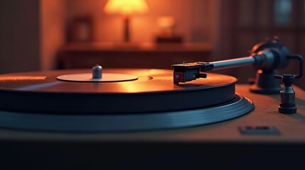 Obraz premium Vinyl Symphony: A classic record player, bathed in the warm glow of ambient lighting, spins a vinyl record, evoking a sense of nostalgia and the rich tones of analog sound.