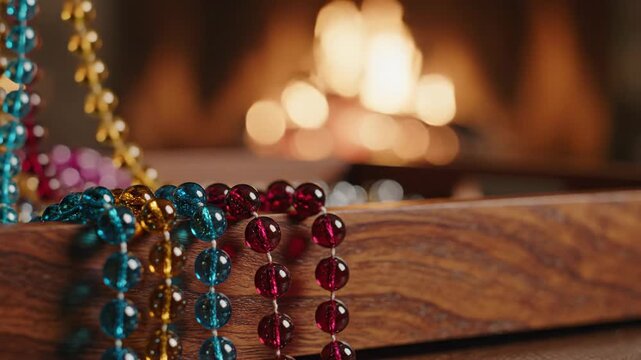 Close-up of vibrant colorful beaded necklaces in shades of blue red yellow and purple resting in a rustic wooden tray with a warm glowing fireplace bokeh background creating a cozy atmosphere and