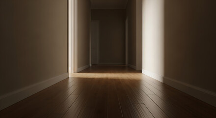 Warm sunlight illuminates empty hallway with wooden floor