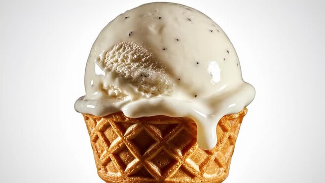 Creamy vanilla ice cream in a crisp waffle cone, melting under bright light.