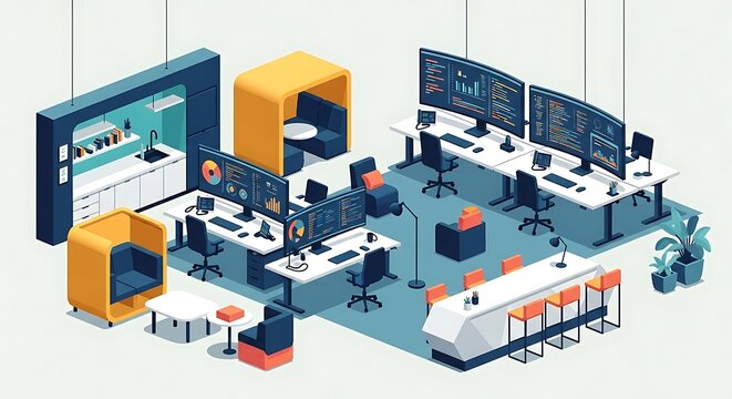 Modern open-plan office space with workstations, meeting pods, and a bar area, featuring multiple computer monitors displaying data.