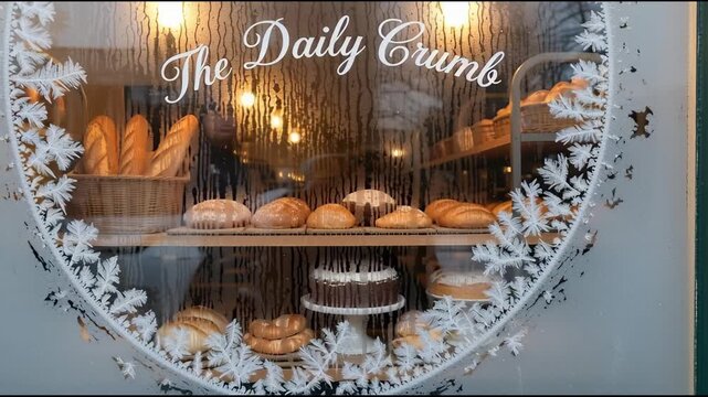 Bakery storefront display with various breads pastries and frosted window detail