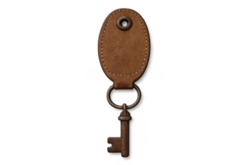 Old rusty key with brown leather keychain