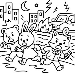 Fototapeta premium Animals escaping a fire: An illustration of a bear, a bunny and a fox running from a fire in a town at night