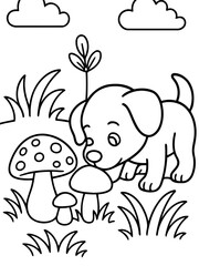 Obraz premium Cute Puppy's Forest Adventure: A line art illustration depicts an adorable puppy in a whimsical forest setting, interacting with mushrooms. Capture the endearing innocence of the young puppy.
