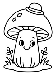 Enchanted Mushroom Illustration: A whimsical illustration of a smiling mushroom character, complete with a tiny hat, nestled in blades of grass, creating a joyful, inviting scene.