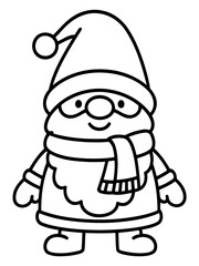 Festive Gnome Illustration: An endearing outline of a jolly gnome, adorned with a cozy hat, scarf, and a cheerful expression, perfect for seasonal designs.
