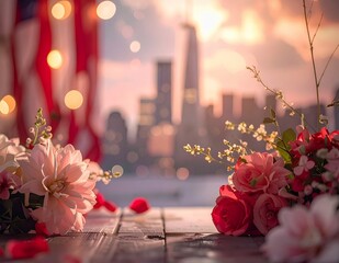 Romantic Floral Arrangement with Cityscape and American Flag Backdrop.