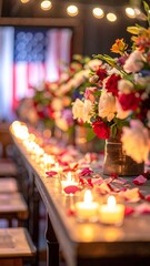 Romantic Table Setting with Candles, Flowers, and American Flag in Background.