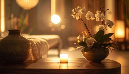 Serene Spa Setting with Orchid and Candlelight.