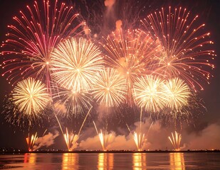 Spectacular Fireworks Display Illuminating the Night Sky with Vibrant Colors and Reflections Over Water.