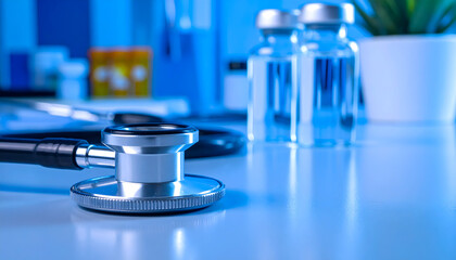 Stethoscope on Clinical Desk With Medical Vials