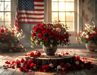 Vibrant floral arrangement with red and white flowers, set against a backdrop of an American flag, evoking a sense of patriotism and remembrance.
