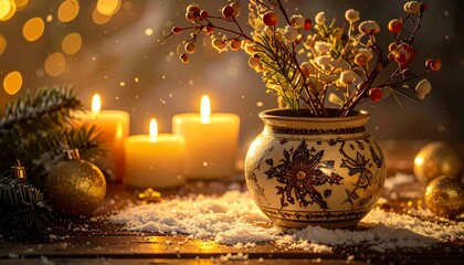 Warm Christmas ambiance with glowing candles, festive ornaments, and a decorative vase filled with winter berries, creating a cozy holiday scene.