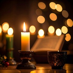 Warm candlelight illuminates a cozy scene with a book and bokeh lights.