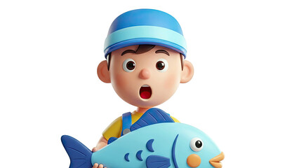 3D Boy with a Surprised Expression Holding a Blue Fish