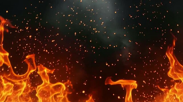Crackling fire flames animation with burning embers and smoke rising against dark background creating intense inferno heat effect loop