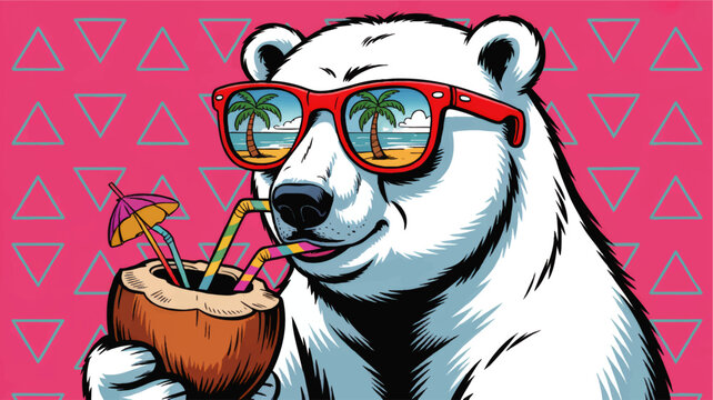 Cool polar bear with sunglasses drinking coconut cocktail, colorful tropical beach reflection, retro summer pop art illustration