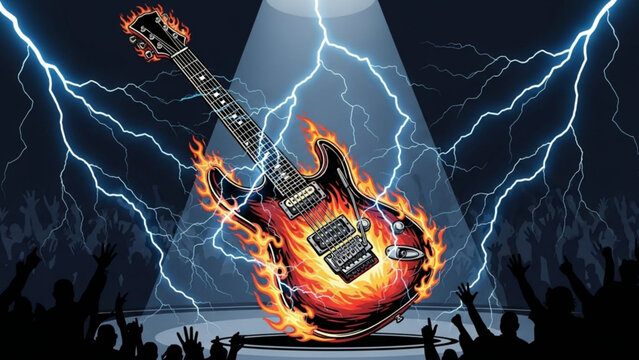 Electric guitar on fire with flames and lightning at a rock concert with crowd