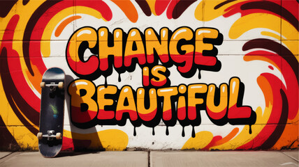 Vibrant urban street art mural with inspirational Change Is Beautiful graffiti text and skateboard, bold red yellow orange wall