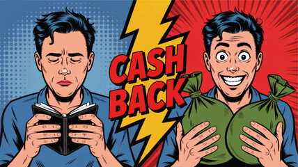 Pop art cashback concept with happy man holding money bags and sad man with empty wallet, comic style financial reward banner