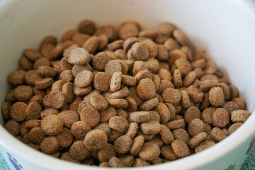 Angled close-up of a full bowl of dry brown pet food kibble sitting on a light surface for veterinary and pet care concepts