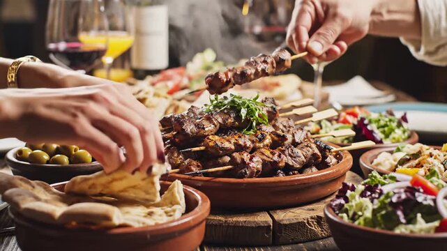 People Sharing Grilled Meat Skewers, Salads, and Pita Bread on a Rustic Table