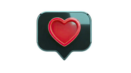3D Red Heart Icon in Black Speech Bubble on transparent background