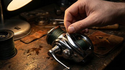 Close-up of a hand winding braided fishing line onto a silver fishing reel, preparing gear for angling