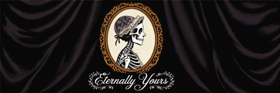 Vintage skeleton bride portrait with ornate golden frame on black draped curtain background and &ldquo;Eternally Yours&rdquo; gothic typography