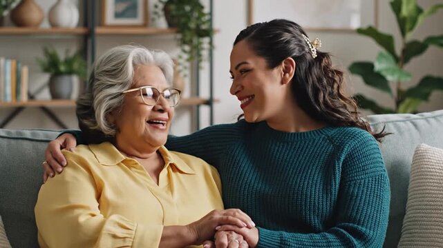 Joyful Multi-Generational Moment: Happy senior woman and adult daughter embracing warmly on a living room couch, sharing a loving connection at home.