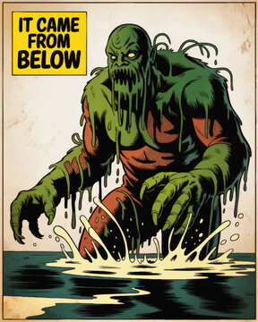 Retro horror comic book cover with dripping swamp monster rising from water, vintage distressed texture, bold pulp illustration