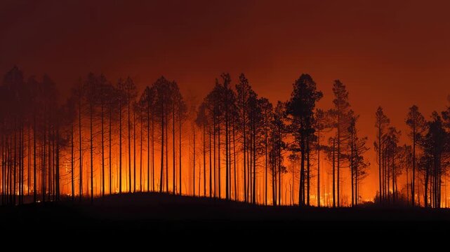 Dramatic Forest Fire at Dusk with Dark Silhouettes of Pine Trees and Fiery Background Glow