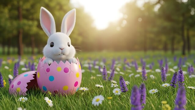 A white rabbit in a pink polka-dotted eggshell surrounded by flowers in a sunlit field.