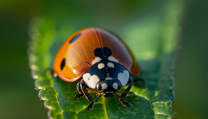 Fototapeta premium Vibrant ladybug on green leaf with striking black and white spots