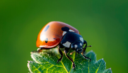 Fototapeta premium Two ladybugs on a green leaf in garden setting