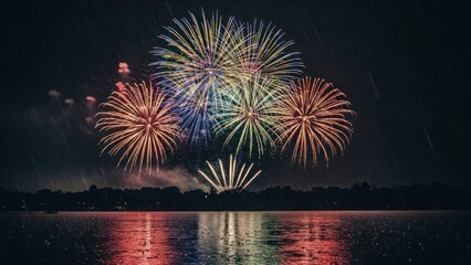Radiant explosions reflect on mirrored lake during an unforgettable festival illumination