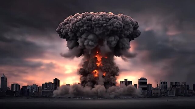 A massive explosion erupts in the cityscape at dusk with smoke and flames rising high into the cloudy sky