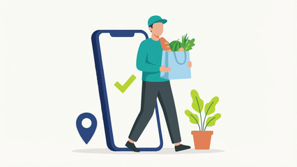 Grocery delivery service illustration with mobile app, courier, and fresh food © StockStudio