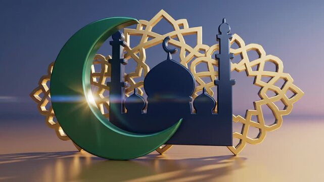 Islamic Mosque and Crescent Moon silhouette with intricate geometric pattern background during sunset or sunrise with warm lighting