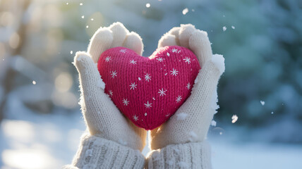 Fototapeta premium heartfelt winter moment with knitted heart and snowflakes