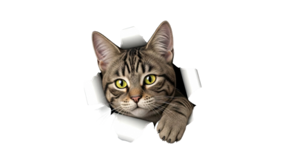 Tabby Cat Peeking Through Torn Paper
