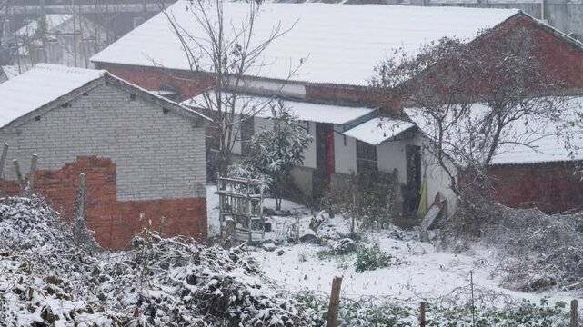 Snow-Covered Rural Countryside Buildings Winter Landscape
