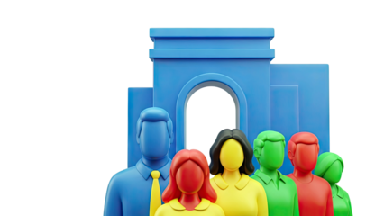Diverse 3D figures in front of a blue archway