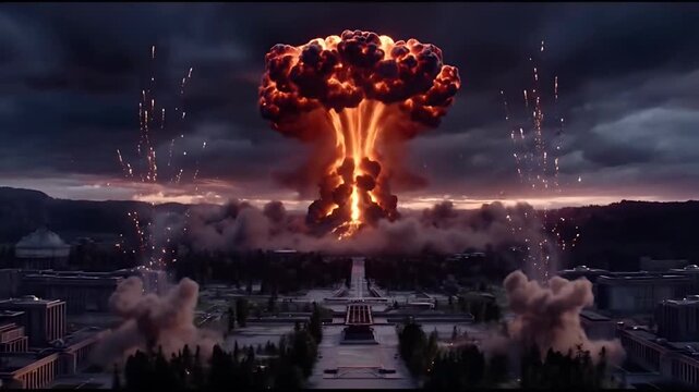 A massive explosion erupts in a cityscape with flames and smoke rising high into the dark sky as buildings stand amidst destruction from 16 1 26 244 footage