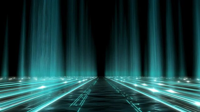 Futuristic Light Rays and Reflections on Water Surface in Dark Space Environment