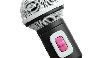 Close-up of a black microphone with a pink switch and white grille