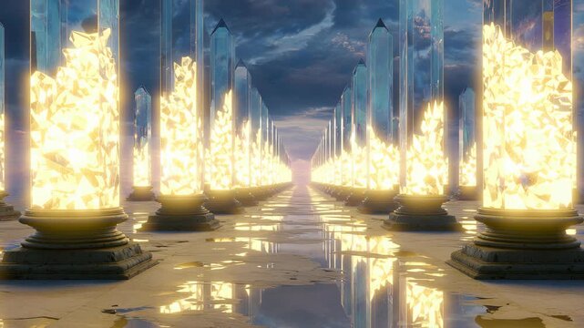 Majestic Crystal Columns Reflecting Light in a Dreamlike Landscape with Sunset Sky