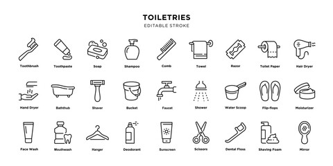 Collection of toiletries line icons